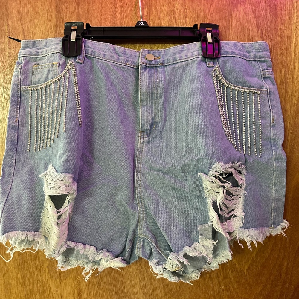 Distressed Denim Shorts with Rhinestone Detail